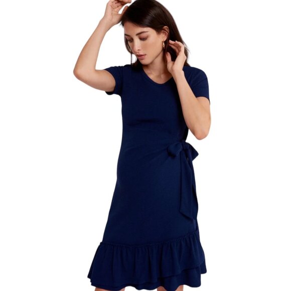 A Pea in the Pod Maternity Dark Blue Side Tie Ruffle Hem Midi Dress Size Small - Picture 4 of 9